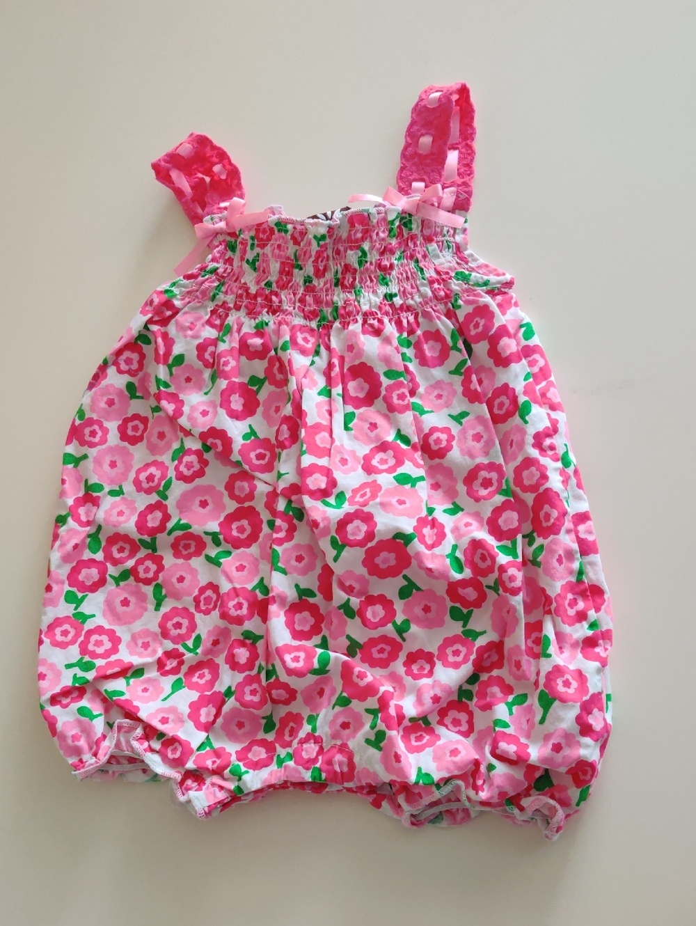 Romper Girl's Pink Floral Smocked Bubble One-Piece Size 6M